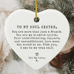 Personalised Vintage Minimal Soul Sister Christmas Ceramic Tree Decoration<br><div class="desc">Celebrate the cherished bond of friendship with the Personalised Vintage Minimal Soul Sister Christmas Ceramic Ornament. Featuring a classic vintage design and crafted in the shape of a heart, this elegant ornament is the perfect way to express your love and appreciation for your best friend. The personalised message adds a...</div>