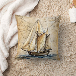 Personalised Vintage Nautical Ship w/ Antique Map Cushion