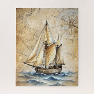 Personalised Vintage Nautical Ship w/ Antique Map Jigsaw Puzzle