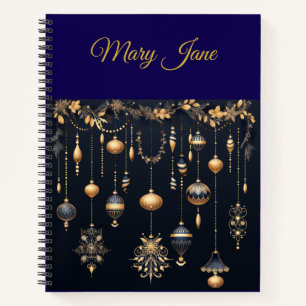 Personalised Vintage Navy Blue and Gold Christmas  Notebook