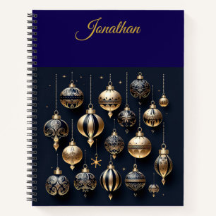 Personalised Vintage Navy Blue and Gold Christmas  Notebook