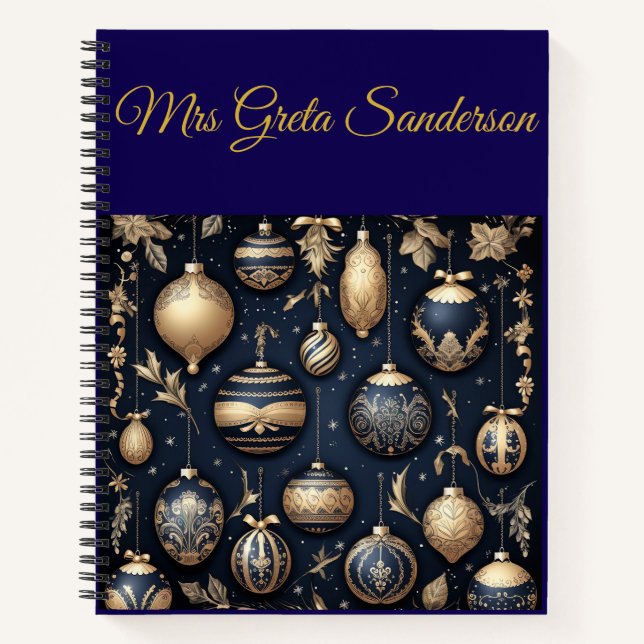 Personalised Vintage Navy Blue and Gold Christmas  Notebook (Front)