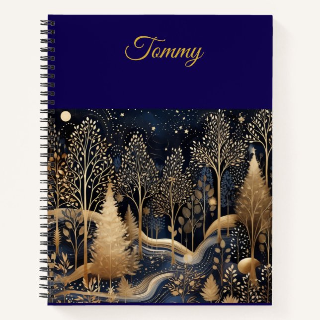 Personalised Vintage Navy Blue and Gold Christmas  Notebook (Front)