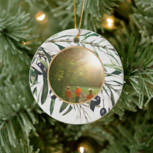 Personalised Vintage Olive Branch Happy Holidays Ceramic Tree Decoration