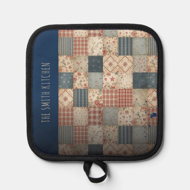 Personalised Vintage Patchwork Family Kitchen Pot Holder (Front)