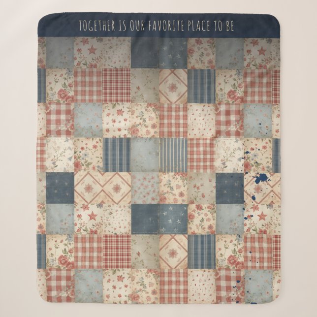 Personalised Vintage Patchwork Togetherness Sherpa Blanket (Front)