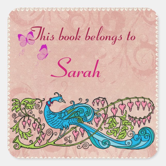 Personalised Vintage Peacock Lacy Pink Book Label (Front)