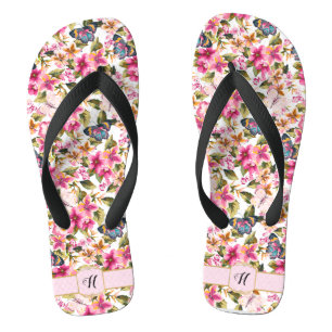Personalised Vintage Pink Floral Pattern Monogram Flip Flops