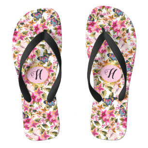 Personalised Vintage Pink Floral Pattern Monogram Flip Flops