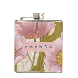 Personalised Vintage Pink Poppy Floral Design Hip Flask
