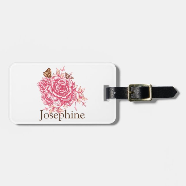 Personalised Vintage Pink Rose Flower Butterf Luggage Tag (Front Horizontal)