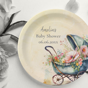 Personalised Vintage Pram Baby Shower Paper Plate
