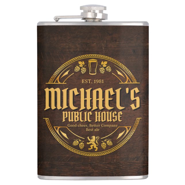Personalised Vintage Pub Rustic Wood Look Hip Flask (Front)