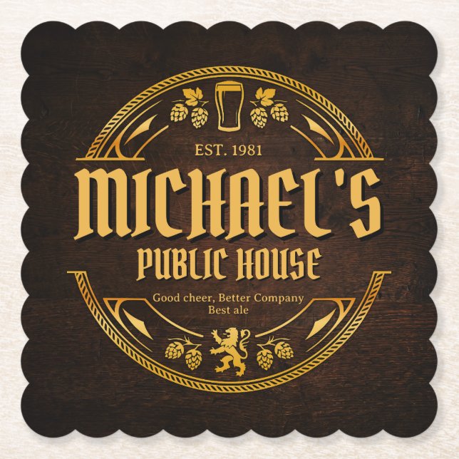 Personalised Vintage Pub Sign Rustic Wood Coaster (Front)