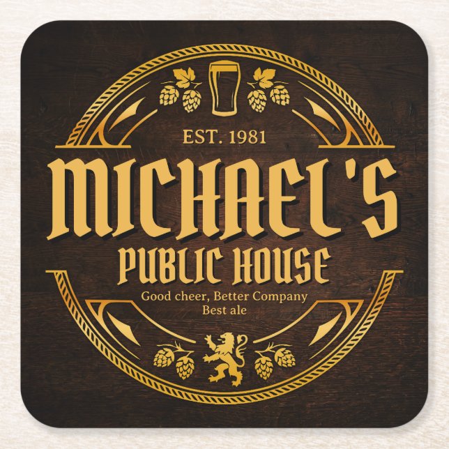 Personalised Vintage Pub Sign Rustic Wood Coaster (Front)