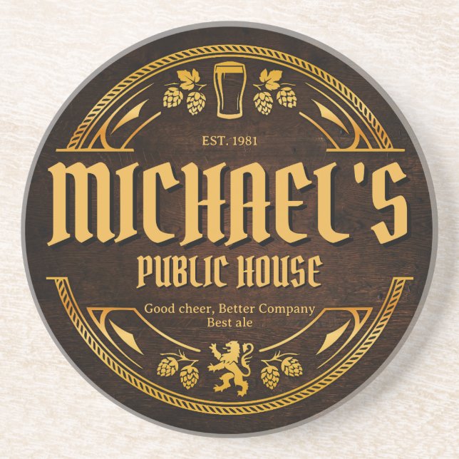 Personalised Vintage Pub Sign Rustic Wood Coaster (Front)