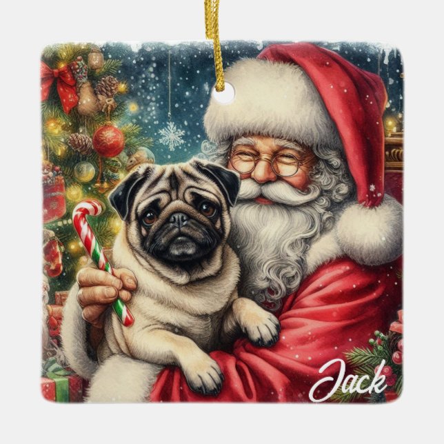 Personalised Vintage Pug with Santa Ceramic Ornament (Front)
