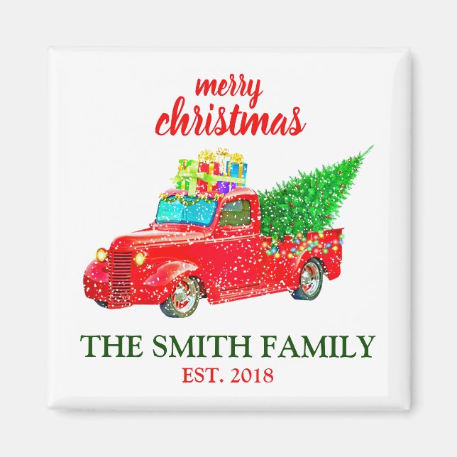 Personalised Vintage Red Truck Christmas Magnet (Front)