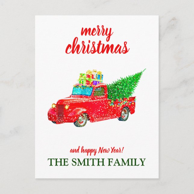 Personalised Vintage Red Truck Christmas Postcard (Front)