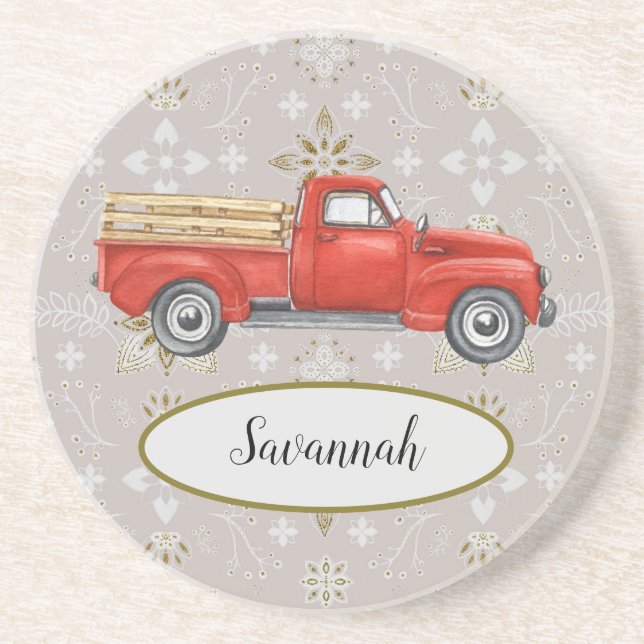 Personalised Vintage Red Truck Country Pattern Coaster (Front)