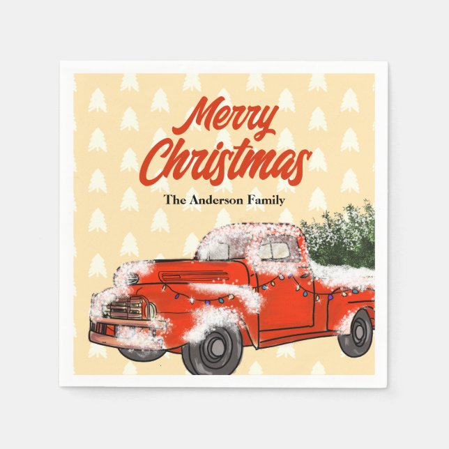 Personalised Vintage Red Truck Merry Christmas Napkin (Front)