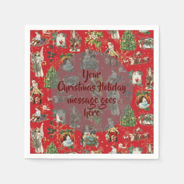 Personalised Vintage Retro Christmas Festive Red Napkin (Front)