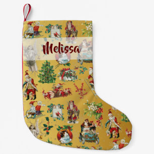 Personalised Vintage Retro Holiday Gold Small Christmas Stocking