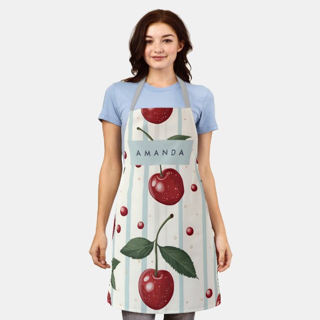 Personalised Vintage Retro Red Cherry Pattern Apron (Worn)