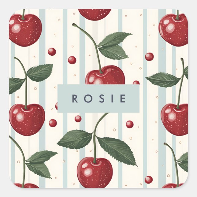 Personalised Vintage Retro Red Cherry Pattern Square Sticker (Front)