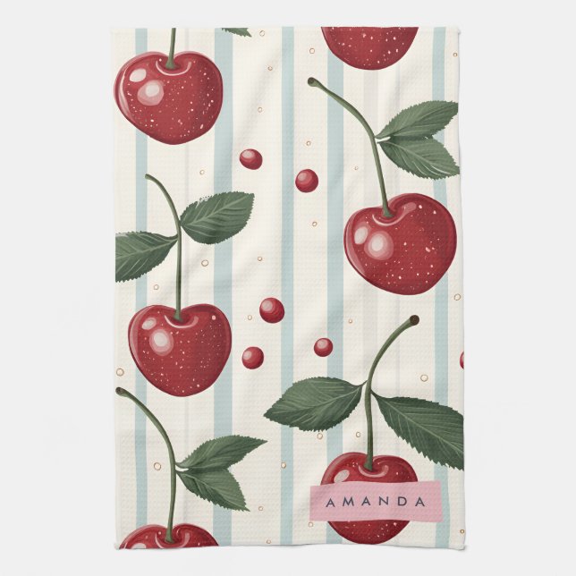 Personalised Vintage Retro Red Cherry Pattern Tea Towel (Vertical)