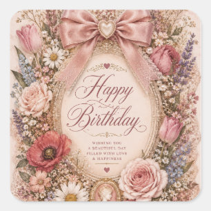 Personalised Vintage Romantic Birthday bow Floral Square Sticker