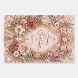 Personalised Vintage Romantic Birthday bow Floral Wrapping Paper Sheet