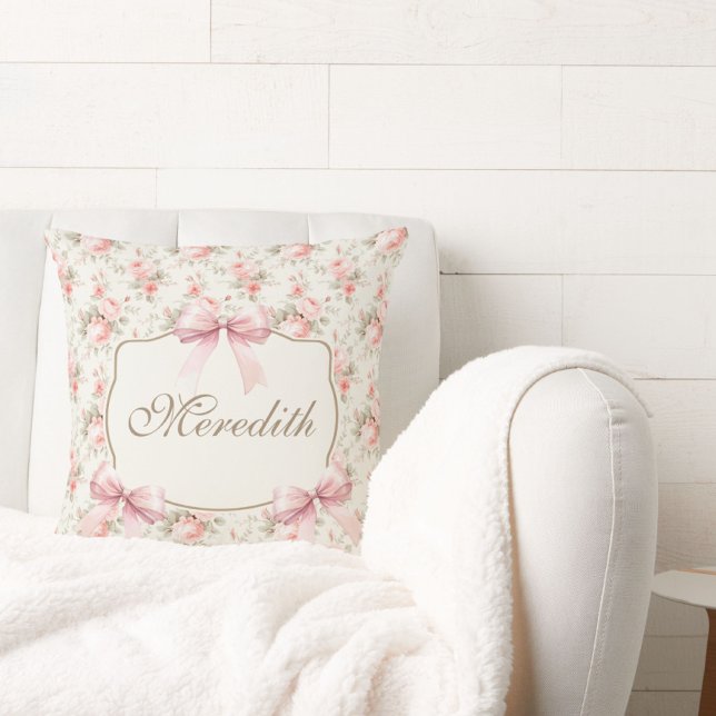 Personalised Vintage Roses Pink Bow Coquette Cushion (Creator Uploaded)