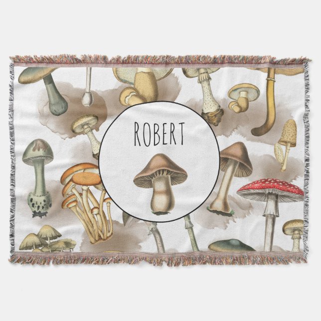 Personalised Vintage Rustic Forest Mushrooms Throw Blanket (Front)