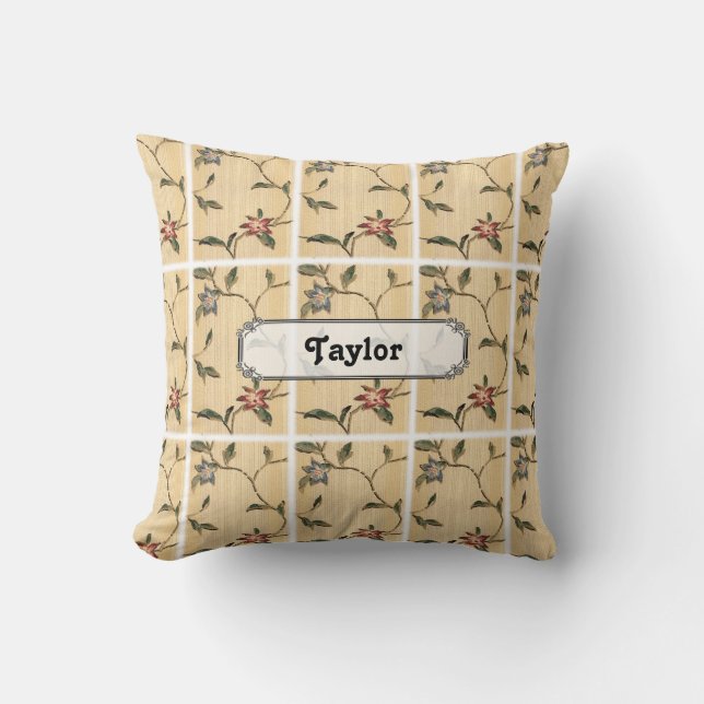 Personalised Vintage Sage Green Burgundy Floral Cushion (Front)