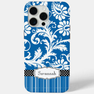Personalised Vintage Sea Blue Damask and Stripe iPhone 15 Pro Max Case