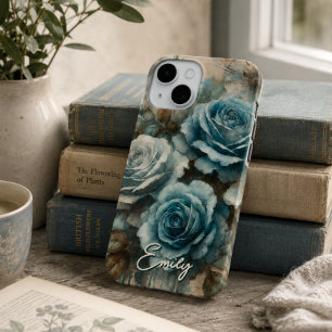 Personalised Vintage Shabby Chic Pastel Blue Rose  iPhone 15 Case