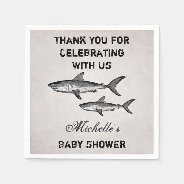 Personalised Vintage Shark Baby Shower Thank You Napkin (Front)