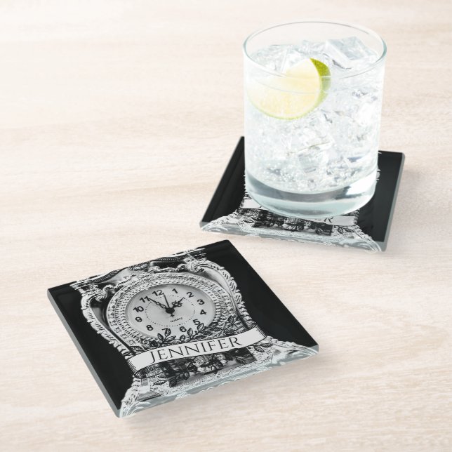 Personalised Vintage Silver Clock Glass Coaster (Angled)