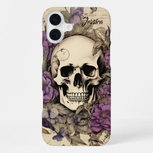 Personalised Vintage Skull and Purple flowers  iPhone 16 Plus Case