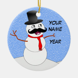 Personalised Vintage Snowman With Moustache Ceramic Tree Decoration