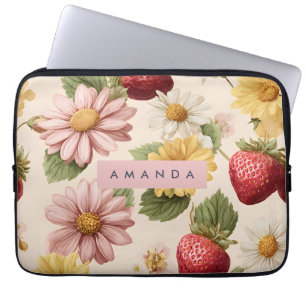 Personalised Vintage Strawberry & Flower Pattern Laptop Sleeve