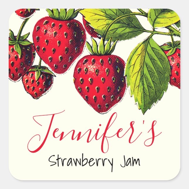 Personalised Vintage Strawberry Jam Canning Jar Square Sticker (Front)
