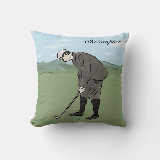 Personalised Vintage style golfer putting Cushion (Front)