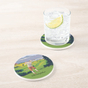 Personalised Vintage Style Highlands Golfing Scene Coaster