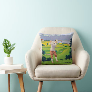 Personalised Vintage Style Highlands Golfing Scene Cushion