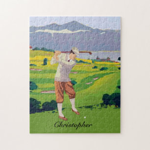 Personalised Vintage Style Highlands Golfing Scene Jigsaw Puzzle