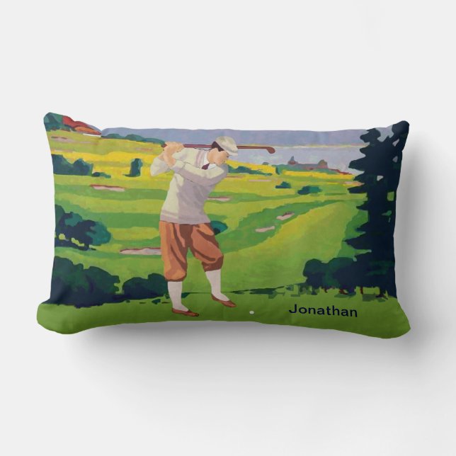 Personalised Vintage Style Highlands Golfing Scene Lumbar Cushion (Front)