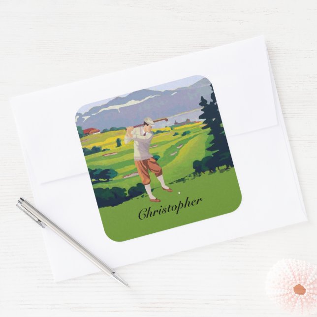 Personalised Vintage Style Highlands Golfing Scene Square Sticker (Envelope)