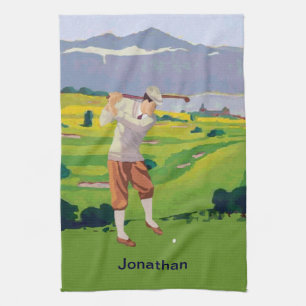 Personalised Vintage Style Highlands Golfing Scene Tea Towel
